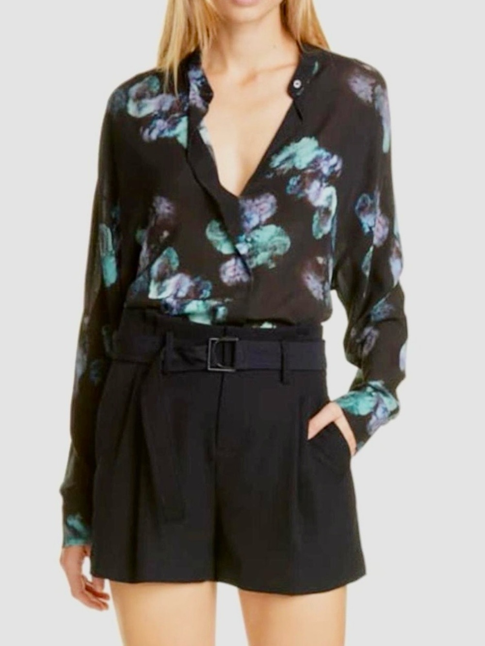 Vince Silk Black Blouse with Teal and Purple Floral Print Lightweight Size: Med.